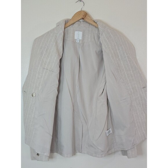 Joie Linen Blend Blazer Womens M Beige Pinstripe Double Breasted Jacket - Picture 9 of 12